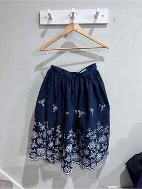 Unique Vintage Navy Skirt with White Embroidered Hem